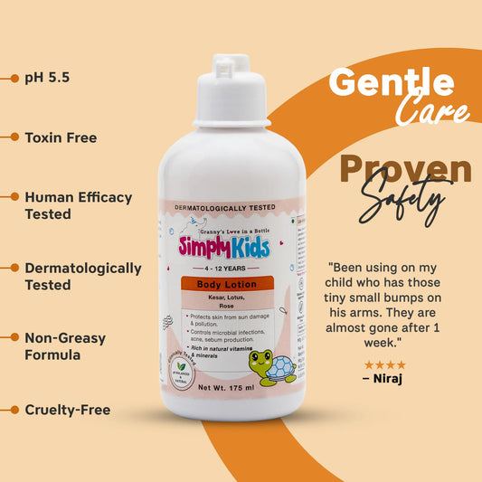 Simply Kids body lotion for kids in 175 ml bottle with pH 5.5 gentle care formula, toxin-free, dermatologically tested, non-greasy moisturizer for children’s sensitive skin