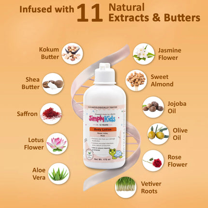 Simply Kids body lotion for ages 4–12 infused with 11 natural extracts and butters including shea butter, kokum butter, aloe vera, saffron, jasmine, sweet almond, jojoba oil, olive oil, rose, lotus, and vetiver roots.
