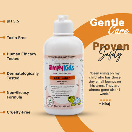 Simply Kids body lotion for kids in 175 ml bottle with pH 5.5 gentle care formula, toxin-free, dermatologically tested, non-greasy moisturizer for children’s sensitive skin
