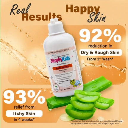 Simply Kids Body Lotion for kids with aloe vera, showing 92% reduction in dry and rough skin and 93% relief from itchy skin, dermatologically tested moisturizer for ages 4–12