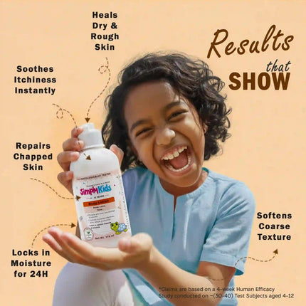 Smiling young girl holding a kids body lotion bottle, highlighting benefits like soothing itchiness, repairing chapped skin, and providing 24-hour moisture