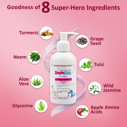 Simply Kids body wash bottle with pump, surrounded by natural ingredients like turmeric, neem, aloe vera, tulsi, grape seed, glycerine, wild jasmine, and apple amino acids on a soft pink background
