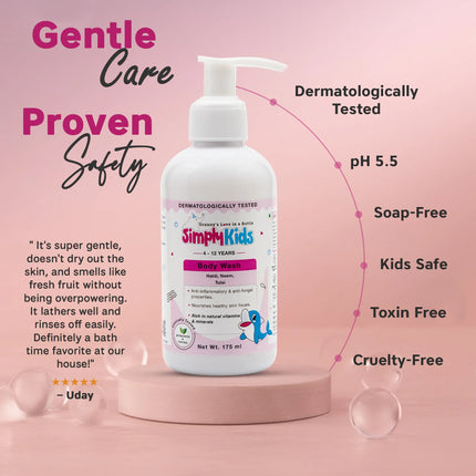 Simply Kids Body Wash for ages 4–12 in a white pump bottle on a soft pink background, labeled “Gentle Care, Proven Safety,” highlighting dermatologically tested, pH 5.5, soap-free, toxin-free, cruelty-free and safe skincare for kids
