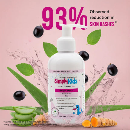 Simply Kids Body Wash for ages 4–12 in a white pump bottle, surrounded by aloe vera, neem leaves, tulsi, and berries with water splashes, highlighting “93% observed reduction in skin rashes” and dermatologically tested gentle kids skincare