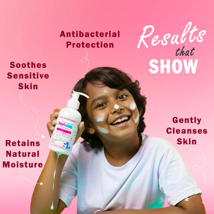 Smiling child holding Simply Kids body wash with foam on face, highlighting gentle cleansing, antibacterial protection and moisture care for sensitive skin