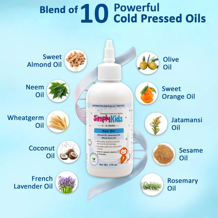Bottle of Simply Kids hair oil with a blend of 10 cold-pressed oils including almond, coconut, olive, sesame, rosemary, lavender, neem, wheatgerm, jatamansi, and sweet orange, shown on a light blue background.