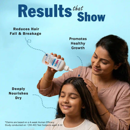 Mother applying herbal hair oil to young girl’s scalp, promoting healthy hair growth, reducing hair fall and breakage, and deeply nourishing dry hair