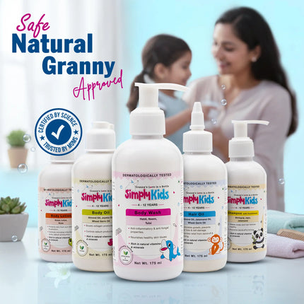 Simply Kids natural baby care range including body wash, shampoo, hair oil, body oil and body lotion with “Safe Natural Granny Approved” message and mother with child in background