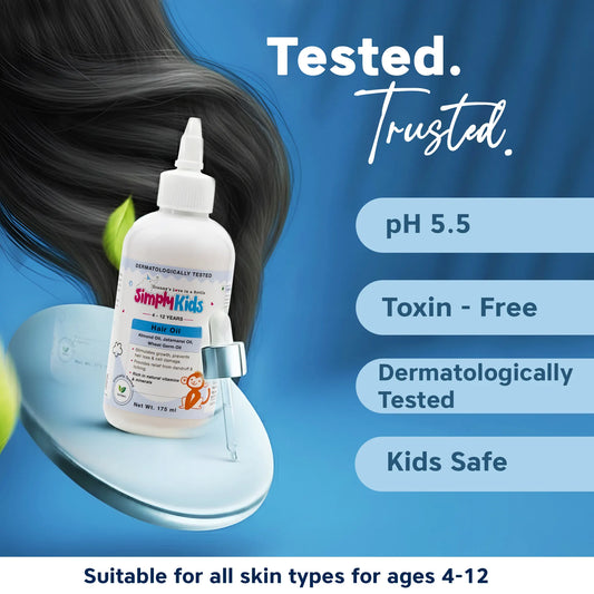 Kids hair oil bottle with dropper labeled Simply Kids, shown against a blue background with smooth flowing hair; text highlights “Tested. Trusted.”, pH 5.5, toxin-free, dermatologically tested, and safe for children ages 4–12, suitable for all skin types