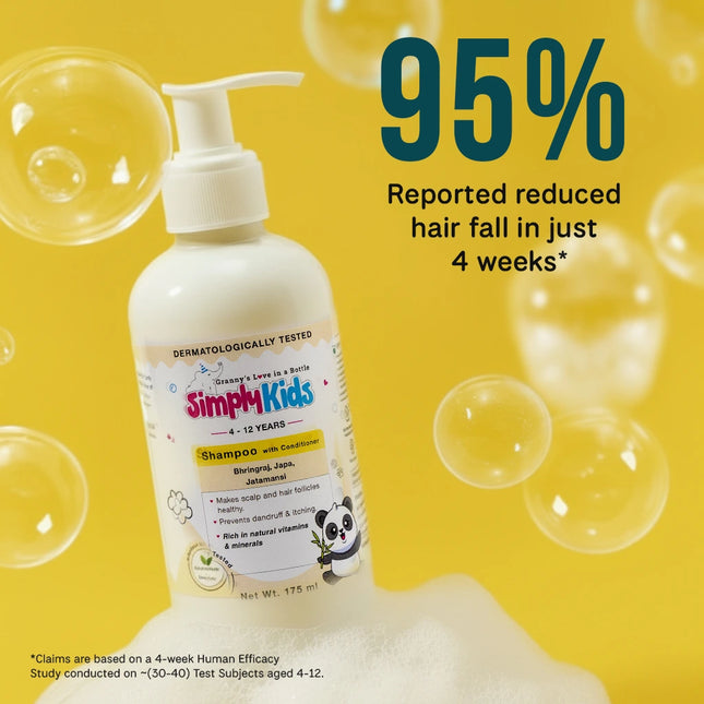 Simply Kids 2-in-1 shampoo with conditioner for children aged 4–12 in a white pump bottle on a yellow background with bubbles, highlighting ‘95% reduced hair fall in 4 weeks’ claim, enriched with bhringraj, japa and jatamansi for gentle scalp care.