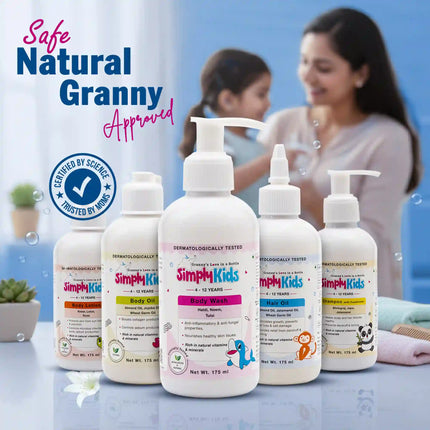 Simply Kids natural baby care range including body wash, shampoo, hair oil and body lotion with “Safe Natural Granny Approved” message and mother with child in background