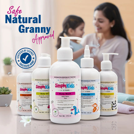 Simply Kids natural baby care range including body wash, shampoo, hair oil and body lotion with “Safe Natural Granny Approved” message and mother with child in background