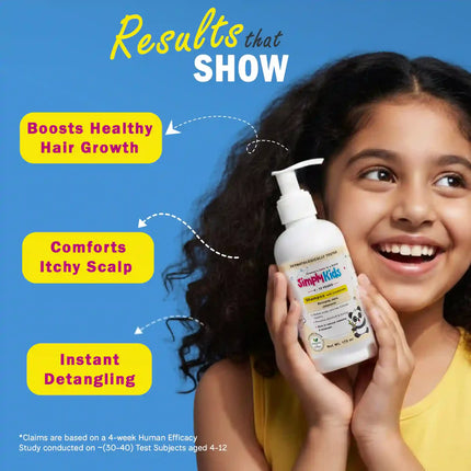 Smiling young girl holding Simply Kids shampoo bottle, highlighting benefits like healthy hair growth, itch relief, and easy detangling for children’s hair care