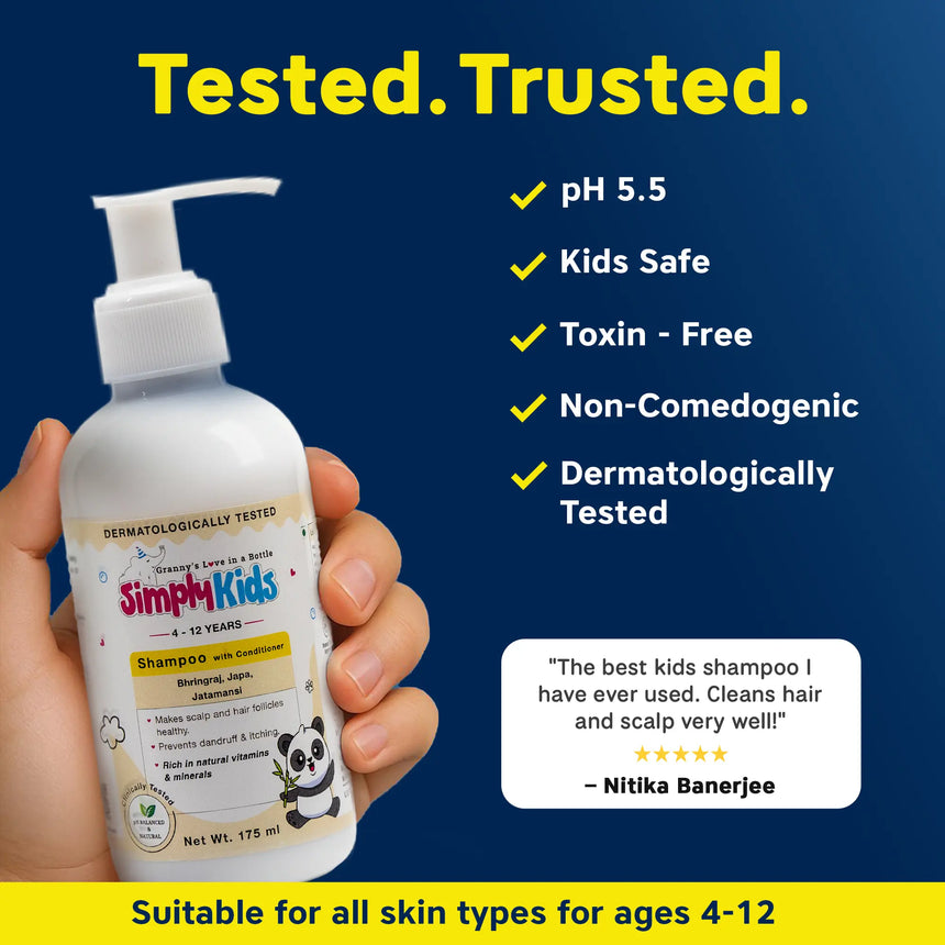 Hand holding Simply Kids shampoo and conditioner bottle for ages 4–12, highlighting pH 5.5, toxin-free formula, non-comedogenic and dermatologically tested for safe kids hair care.